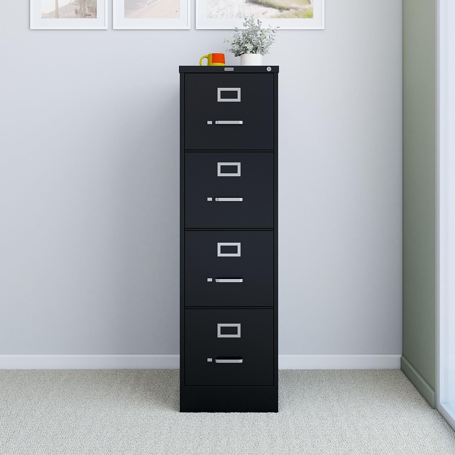 STAPLES 4-Drawer File Cabinet, Lockable, Black, 25D x 15W