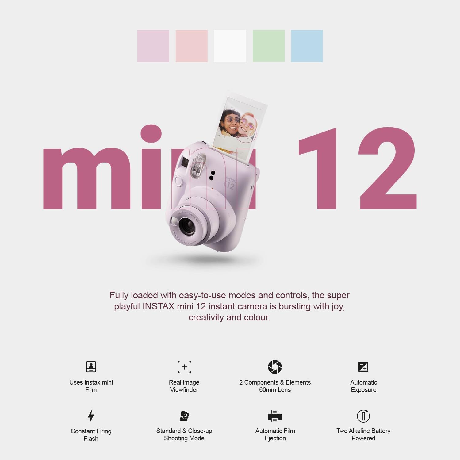 Fujifilm Instax Mini 12 Instant Camera Lilac Purple + Carrying Case + Fuji Instax Film Value Pack (40 Sheets) Accessories Bundle  Color Filters  Photo Album  Assorted Frames