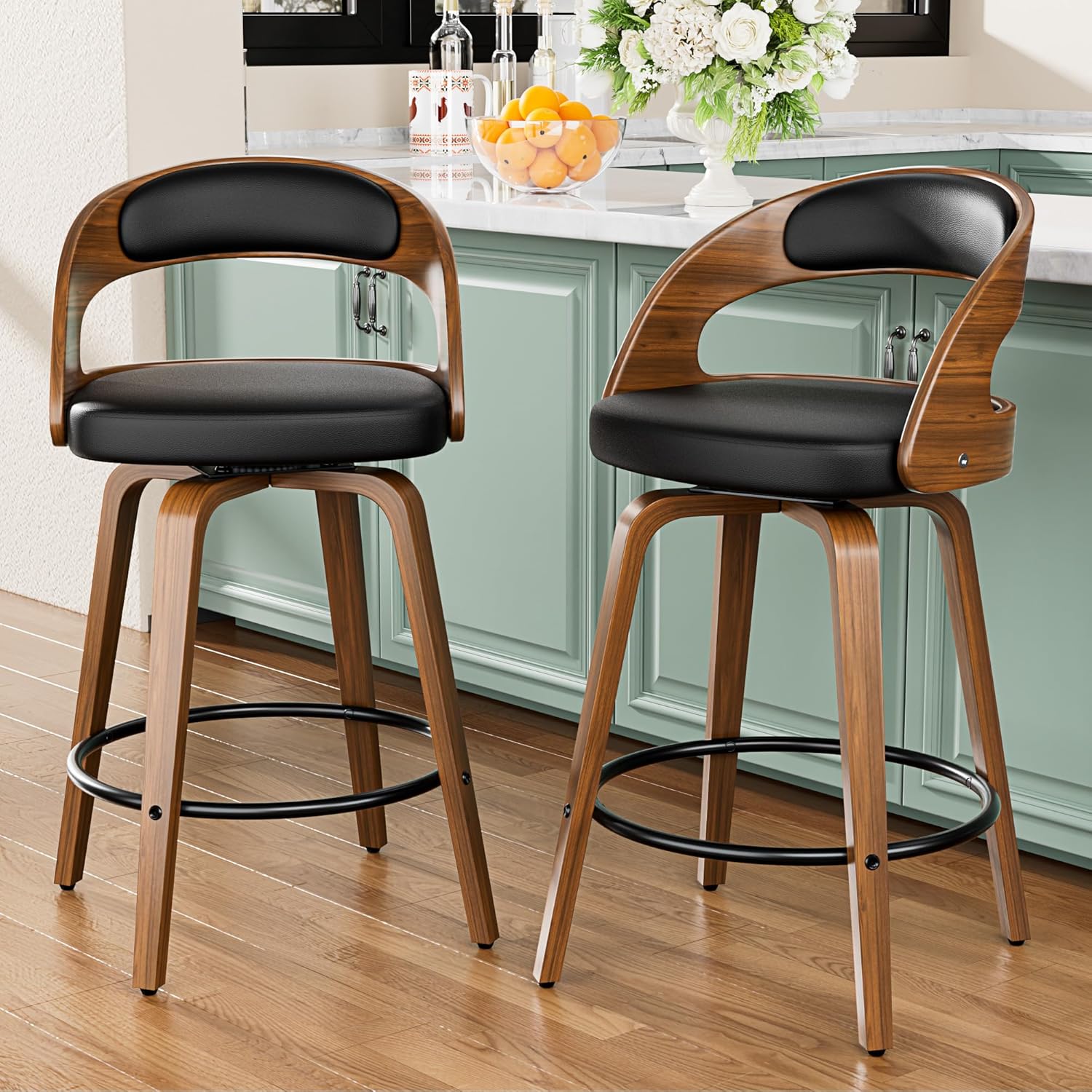 Bar Stools Set of 2, 26 Swivel Counter Height Bar Stools with Bentwood Legs and Back, Mid Century Modern Faux Leather Upholstered Counter Stools for Kitchen Island, Bar, Restaurant, Black
