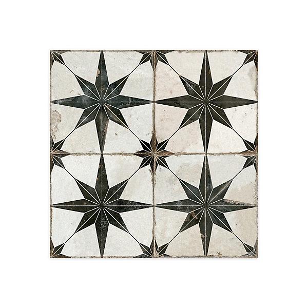 Carrelage Vintage effet Carreau ciment Etoile Noire et Fond Blanc 45x45x0,95 cm Sparta - Sol et mur intérieur (vendu par carton de