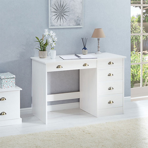 Bureau LANA avec 5 tiroirs en pin massif lasuré blanc