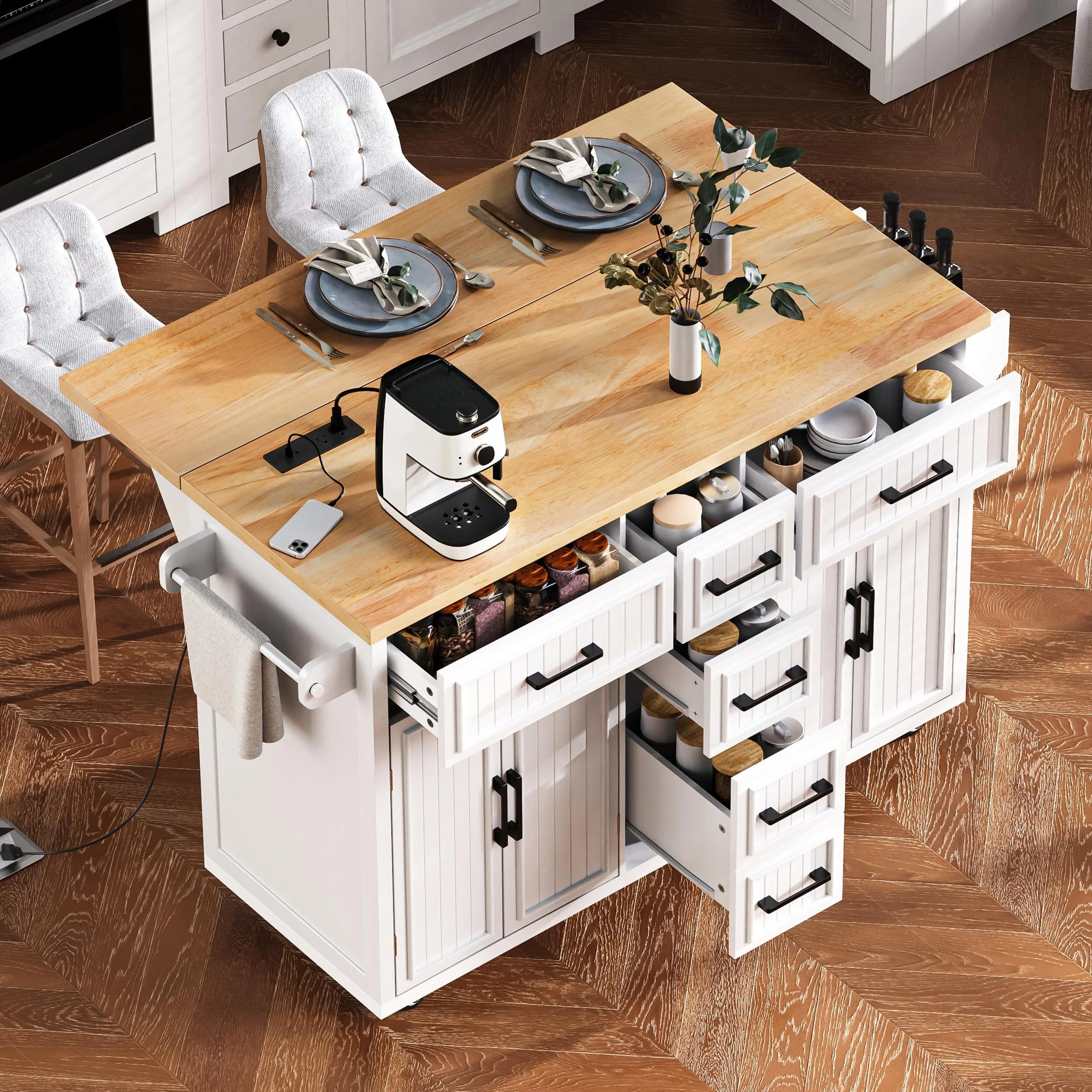 Kitchen Island with Drop Leaf,Stripe Rolling Kitchen Cart on Wheels with 4 Doors,5 Deep Drawers and Adjustable Shelves