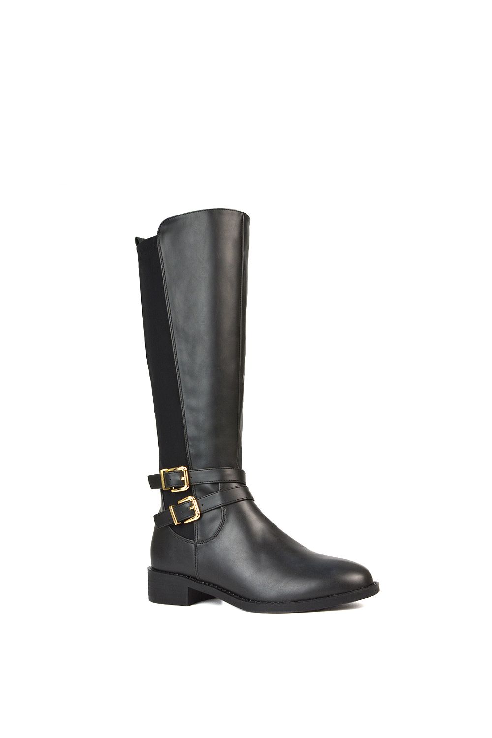 XY London Charlie'' Flat Heel Zip Up Knee High Stretchy Boots With Buckle