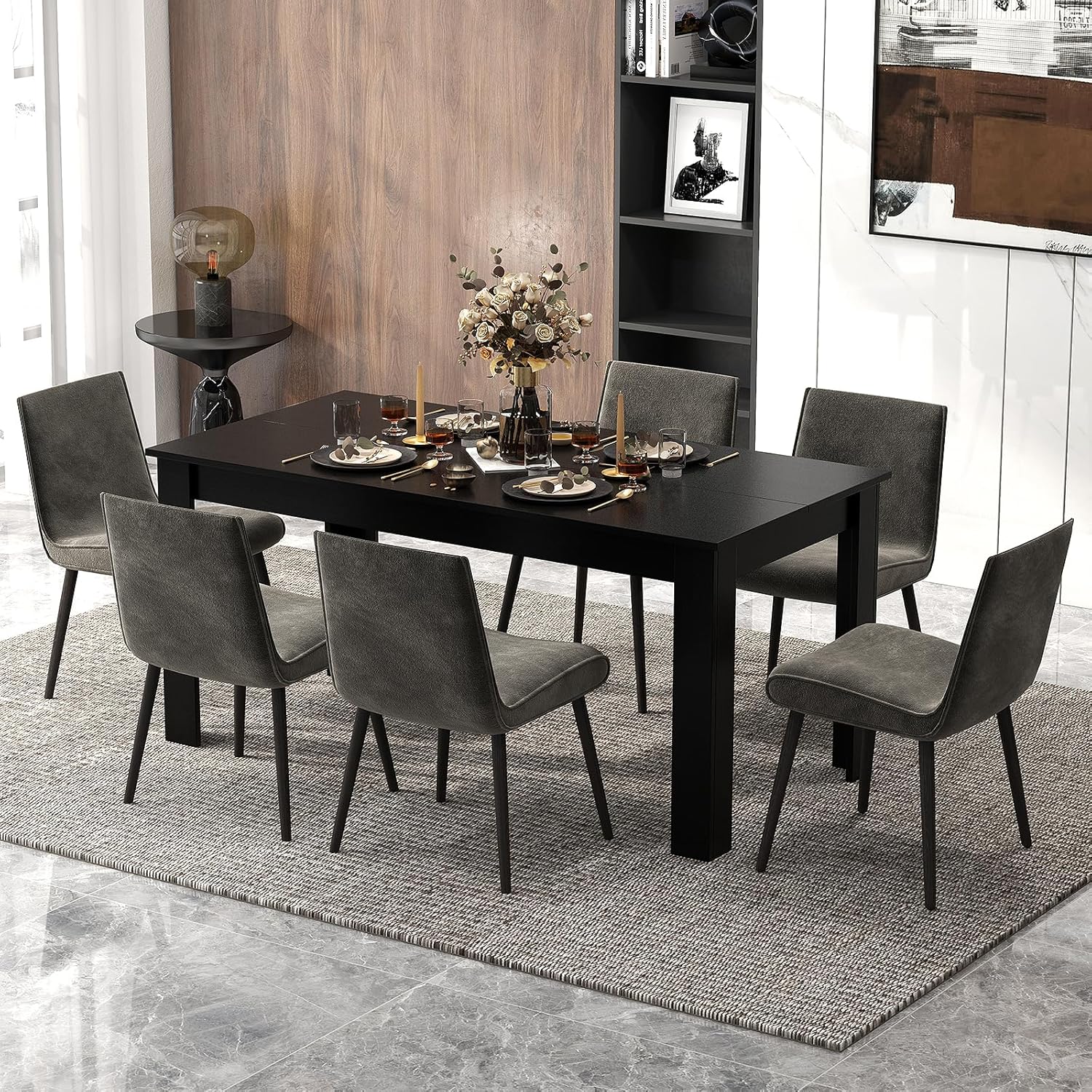 COSTWAY Rectangular Dining Table for 4-6 People, 63' Farmhouse Dinette with Large Computer Workstation, Modern Kitchen Table for Apartment, Living Room, Restaurant (Black)