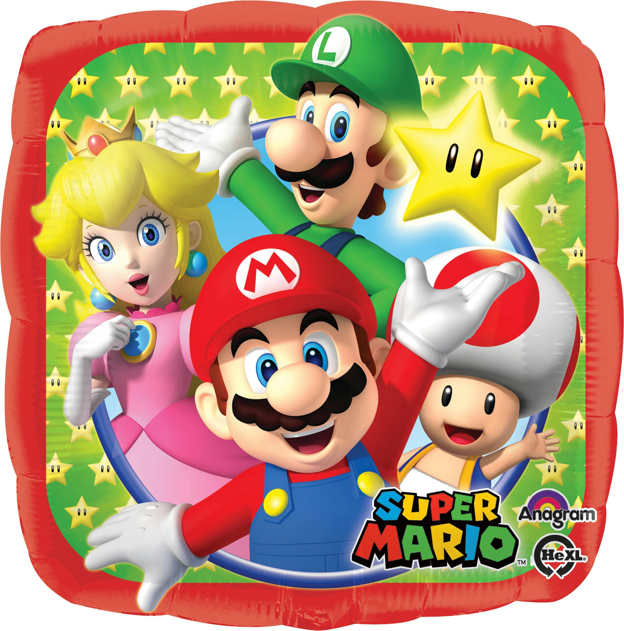 Nintendo Super Mario Bros Luigi/Toad/Princess Peach Square Satin Foil Balloon, Red/Green, 17-in, Helium Inflation & Ribbon Included for Birthday Party