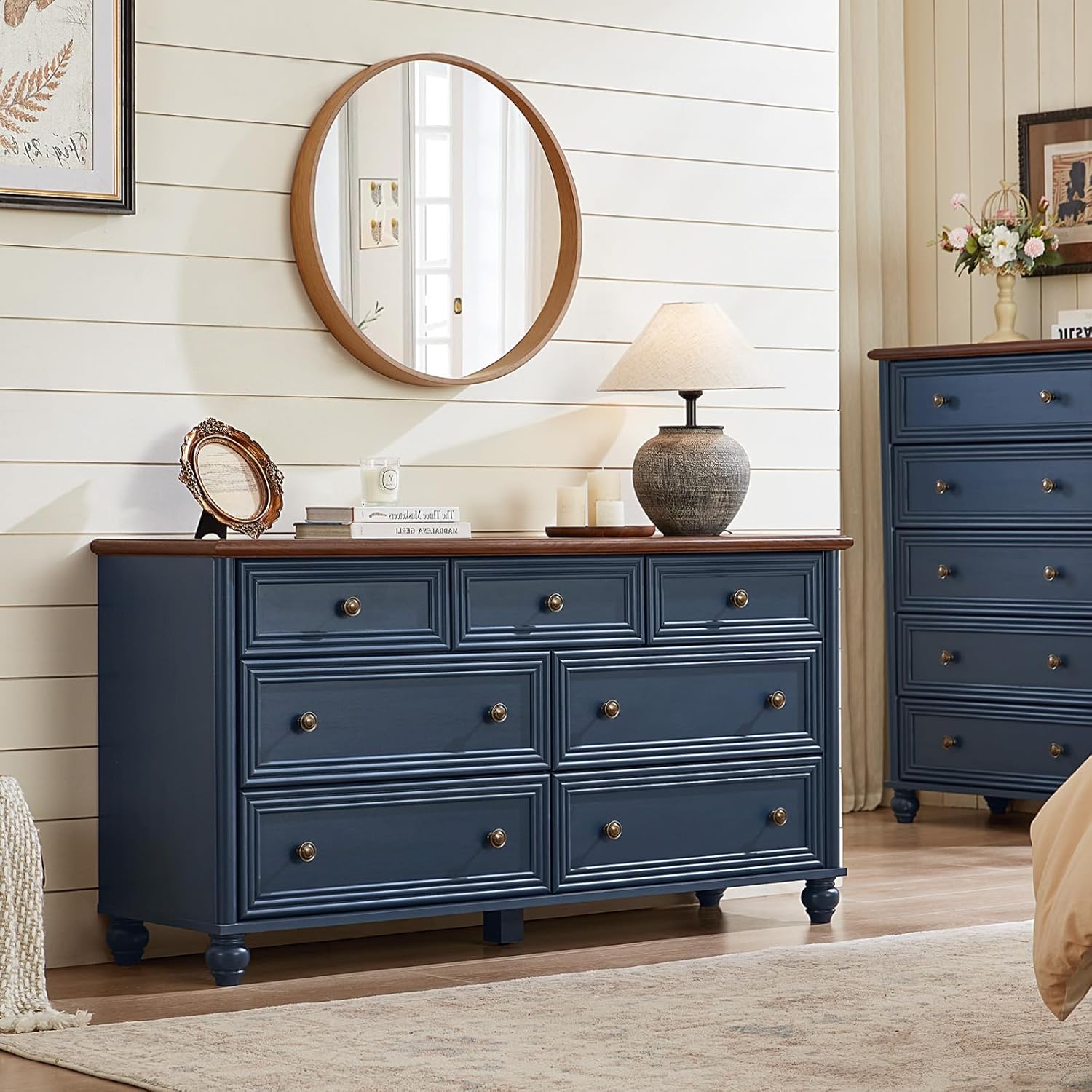 Farmhouse Dressers & Night Stand Set of 4, Wood 54 Wide Dresser & 45 Tall Chest of Drawers, 18 with Charging Station Nightstand Set of 2, Bedroom Furniture Dresser Set for Home Living Room Hallway
