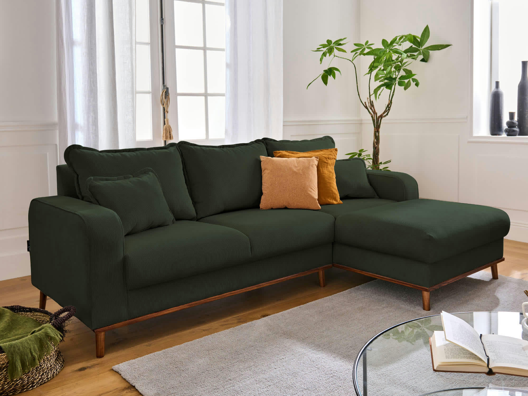 BILLIE - Canapé d'angle droit 4 places en velours côtelé vert