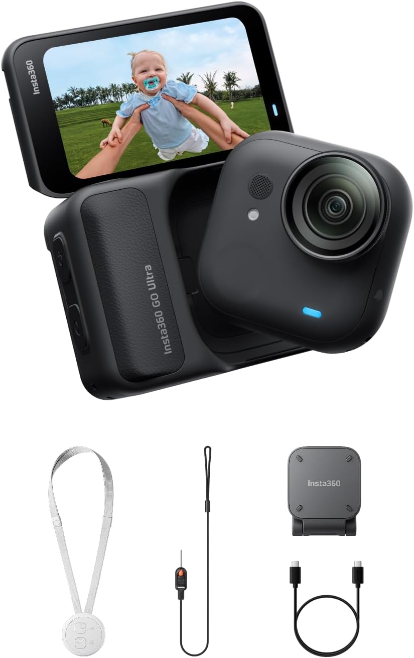 Insta360 GO Ultra - Small 4K Vlogging Camera  Hands-Free  POV Cam  1/1.28 Sensor  53g Lightweight  156° FOV  200 Min Battery Life  Magnetic Wearable Action Camera for Sports  Vlog，Midnight Black