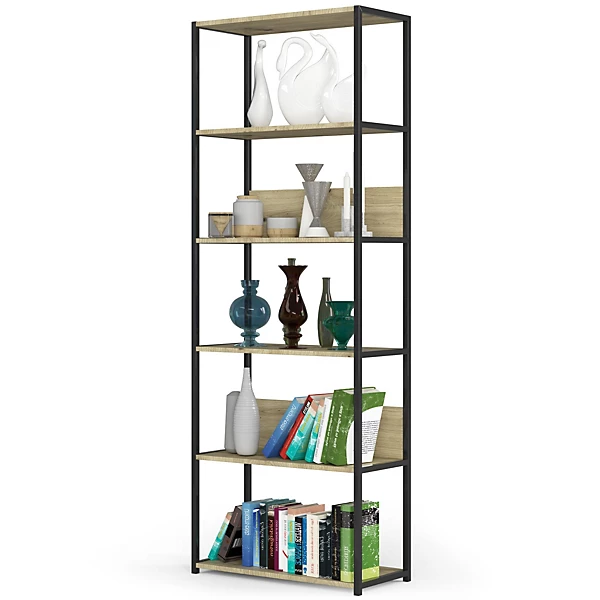 Bibliotheque murale industrielle sur pied Noire 70 cm façade Chêne Artisan 6 étagères 70x32x192 cm