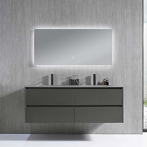 Meuble salle de bain double vasque 120cm gris et effet marbre gris avec miroir LED LB-8475G-120