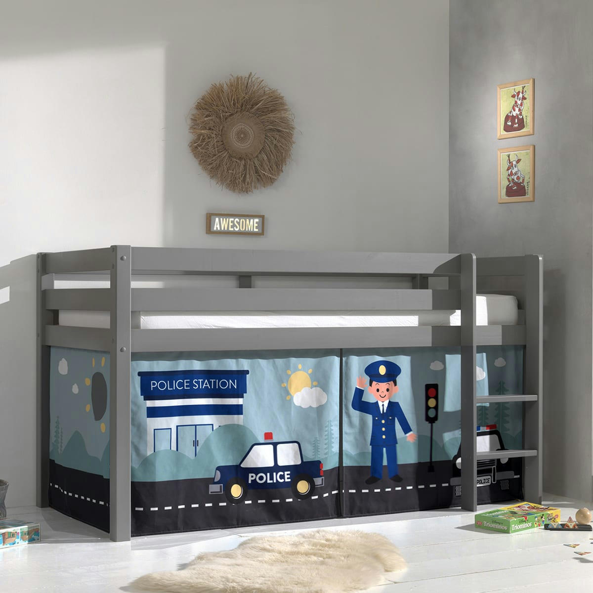 PINO - Lit mi-hauteur 90x200 sommier inclus housse police gris