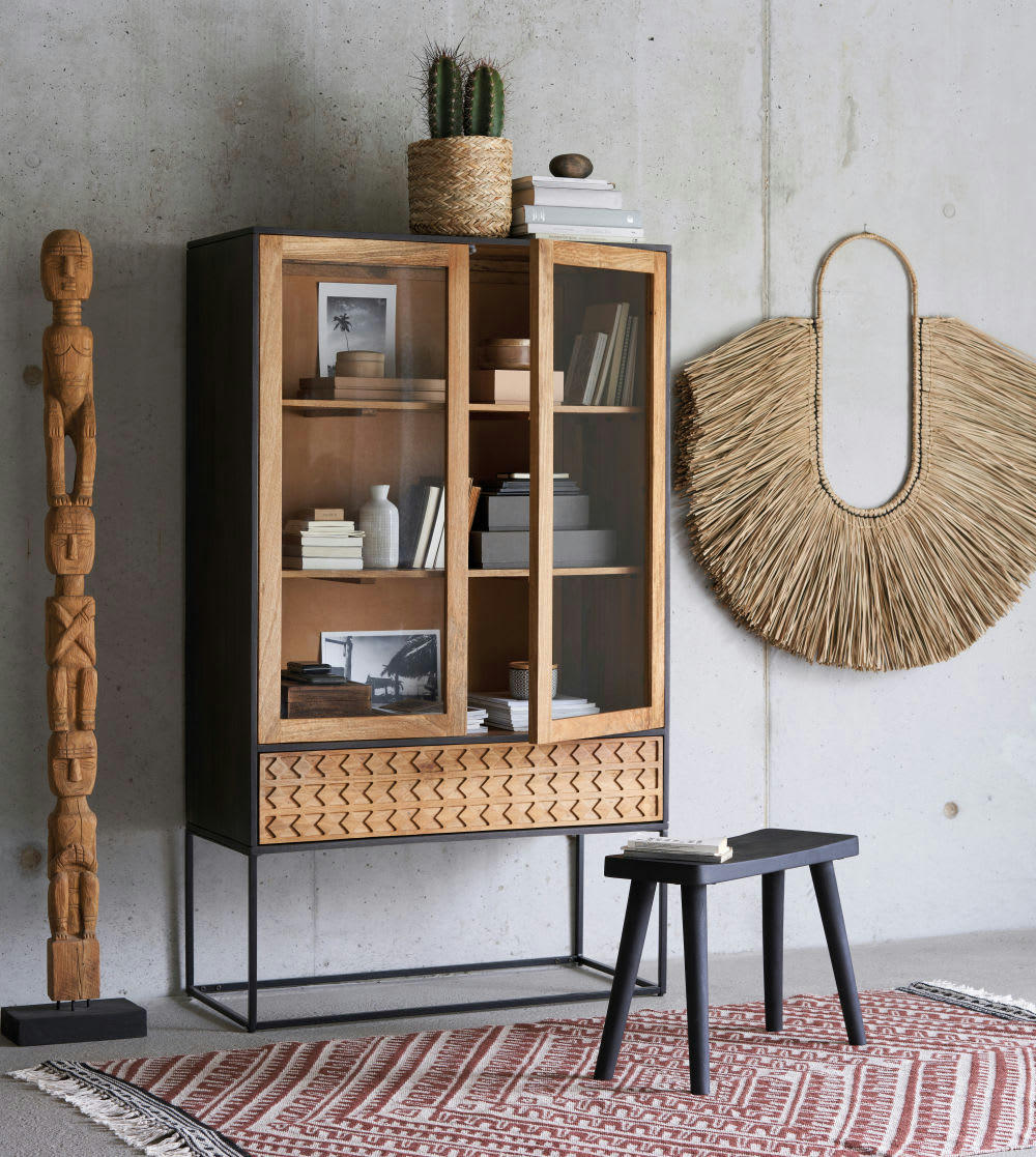 - Totem en bois de teck marron et noir H170