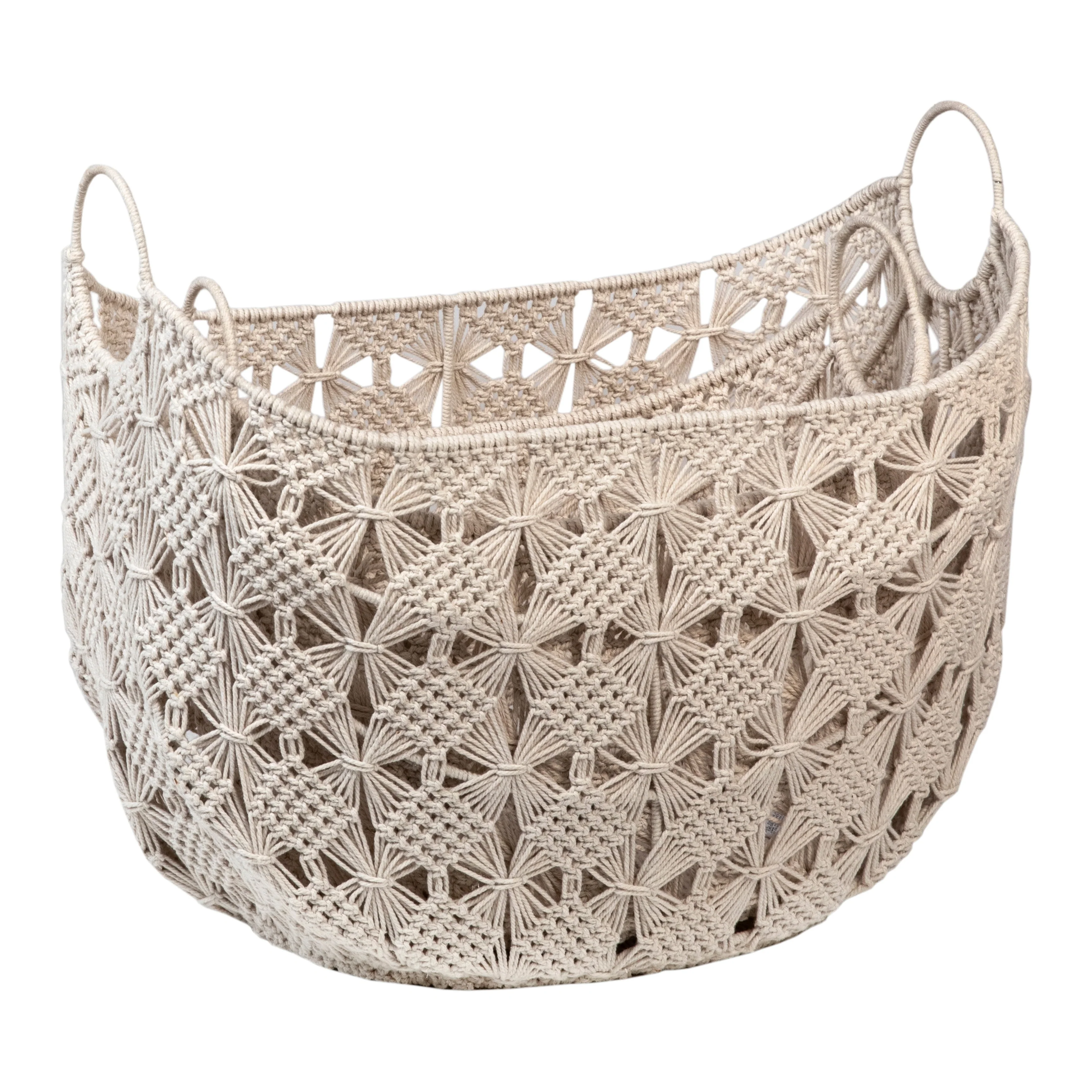 Suzone Natural White Woven Crocheted Cotton Boat Shaped Basket, Set of 2