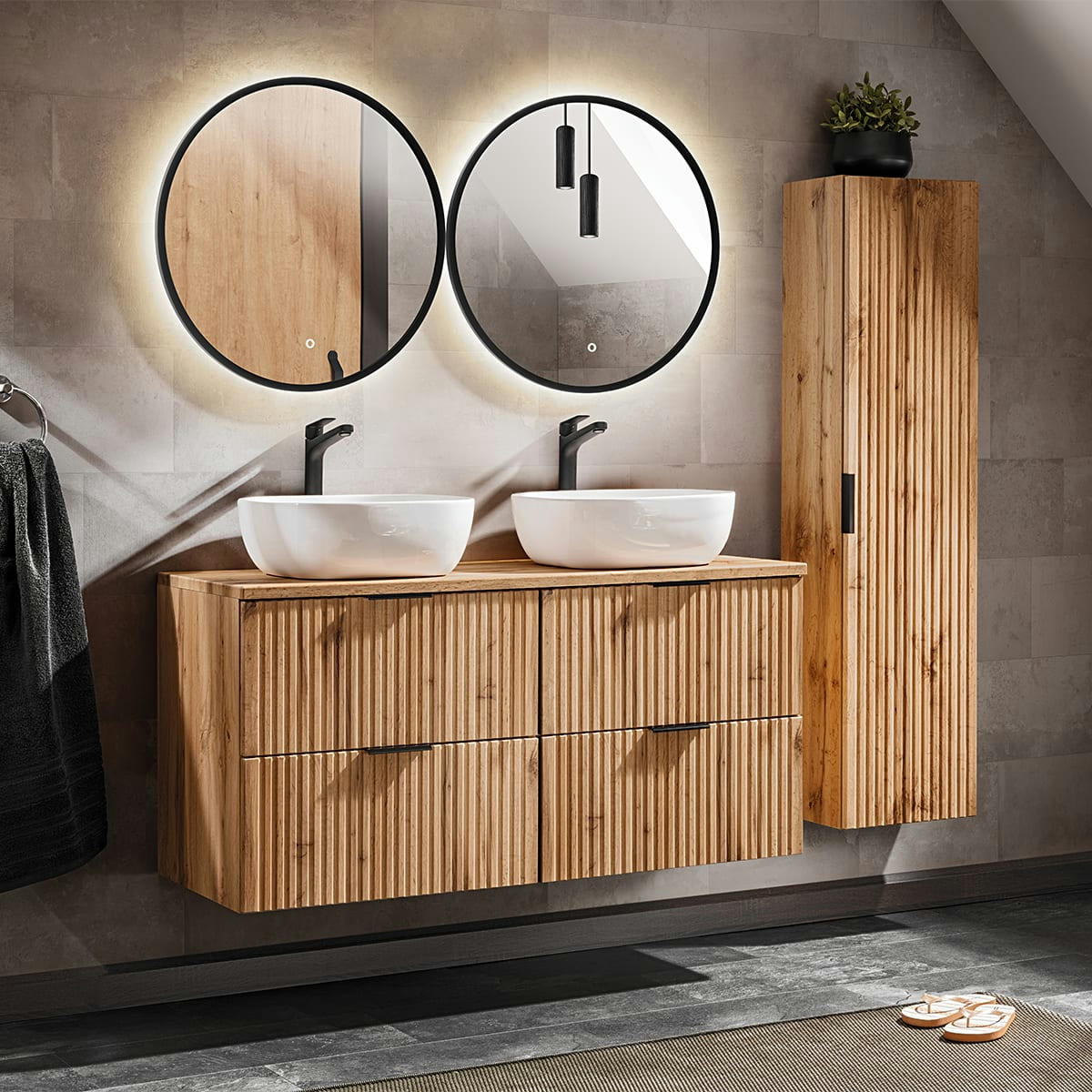 - Ensemble meuble double vasque 120cm et colonne naturel