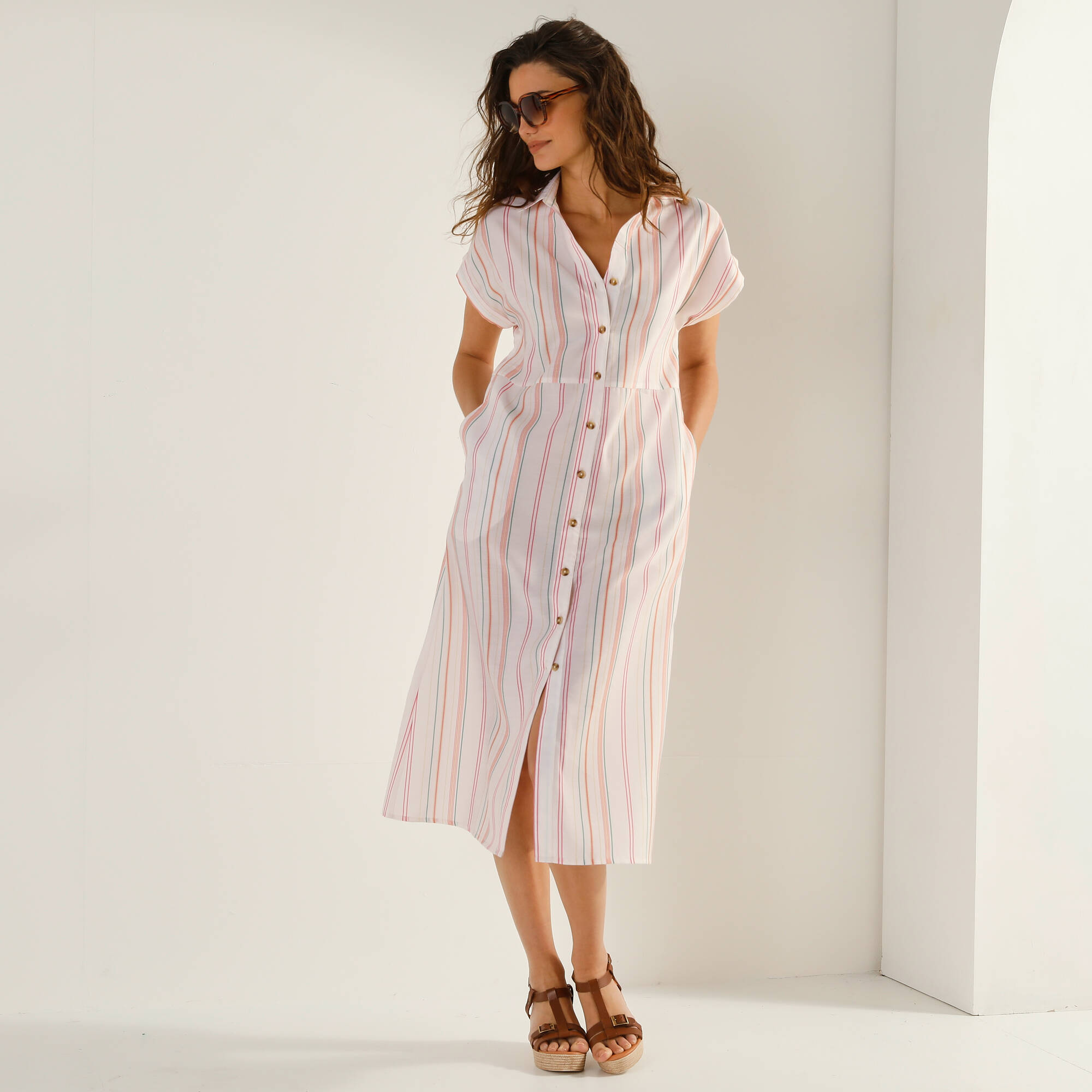 Robe chemise rayée, manches courtes, coton fils tissés teints
