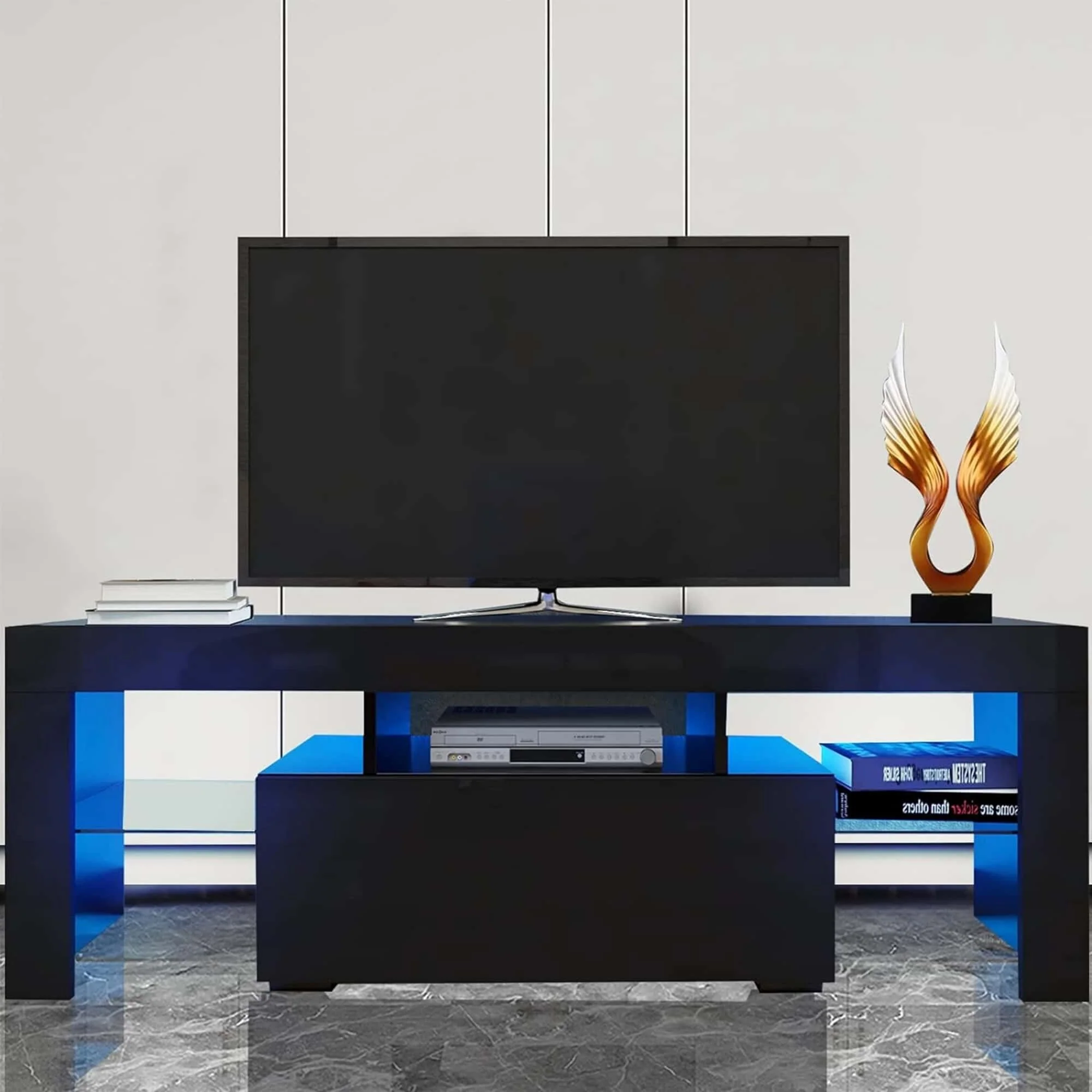 Black 51 TV Stand with Flip Door, Glass Shelf & Glossy Finish for TVs Up to 55