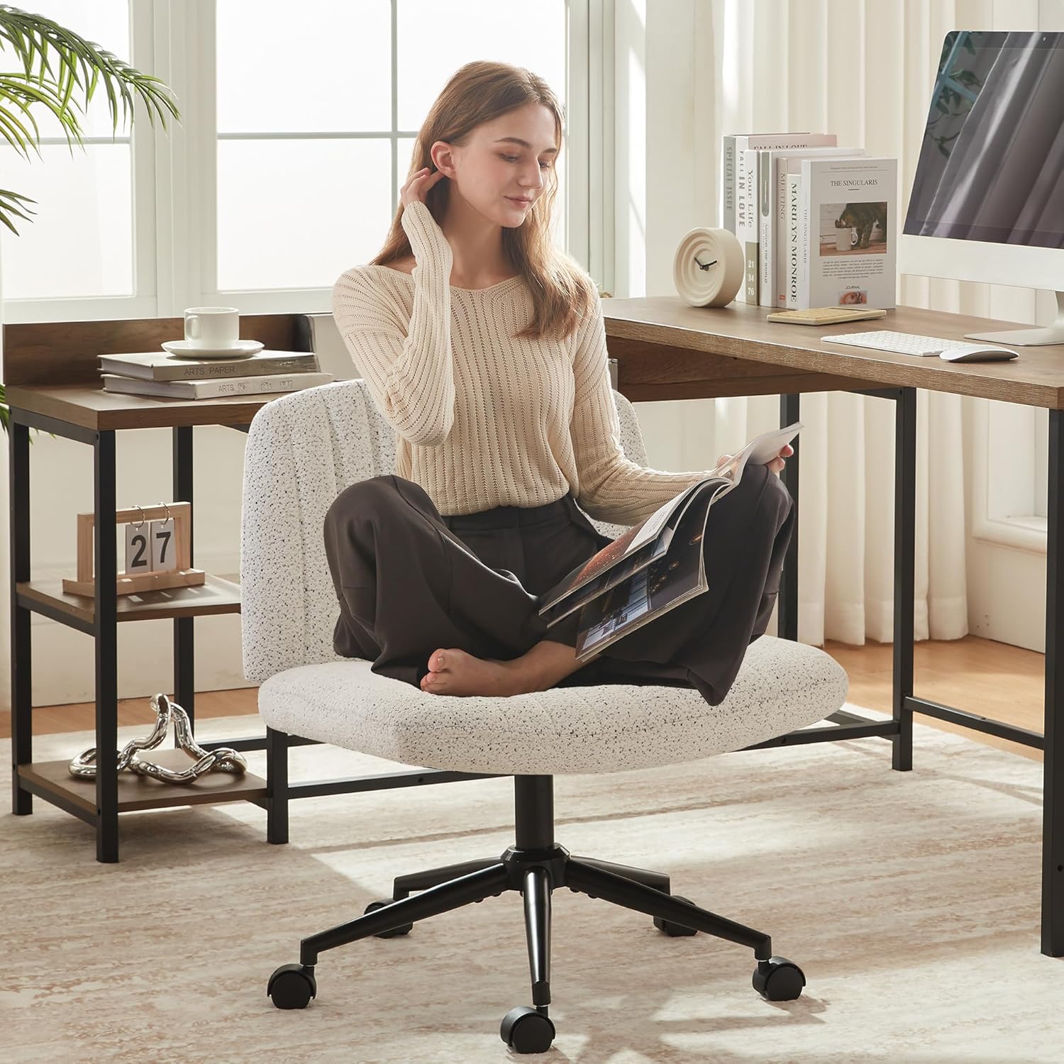 Dowinx Criss Cross Chair with Wheels, Preminum Fabric and Pocket Spring Cushion, Adjustable Swivel Wide Seat Computer Chair, Morden Design Vanity Chair White