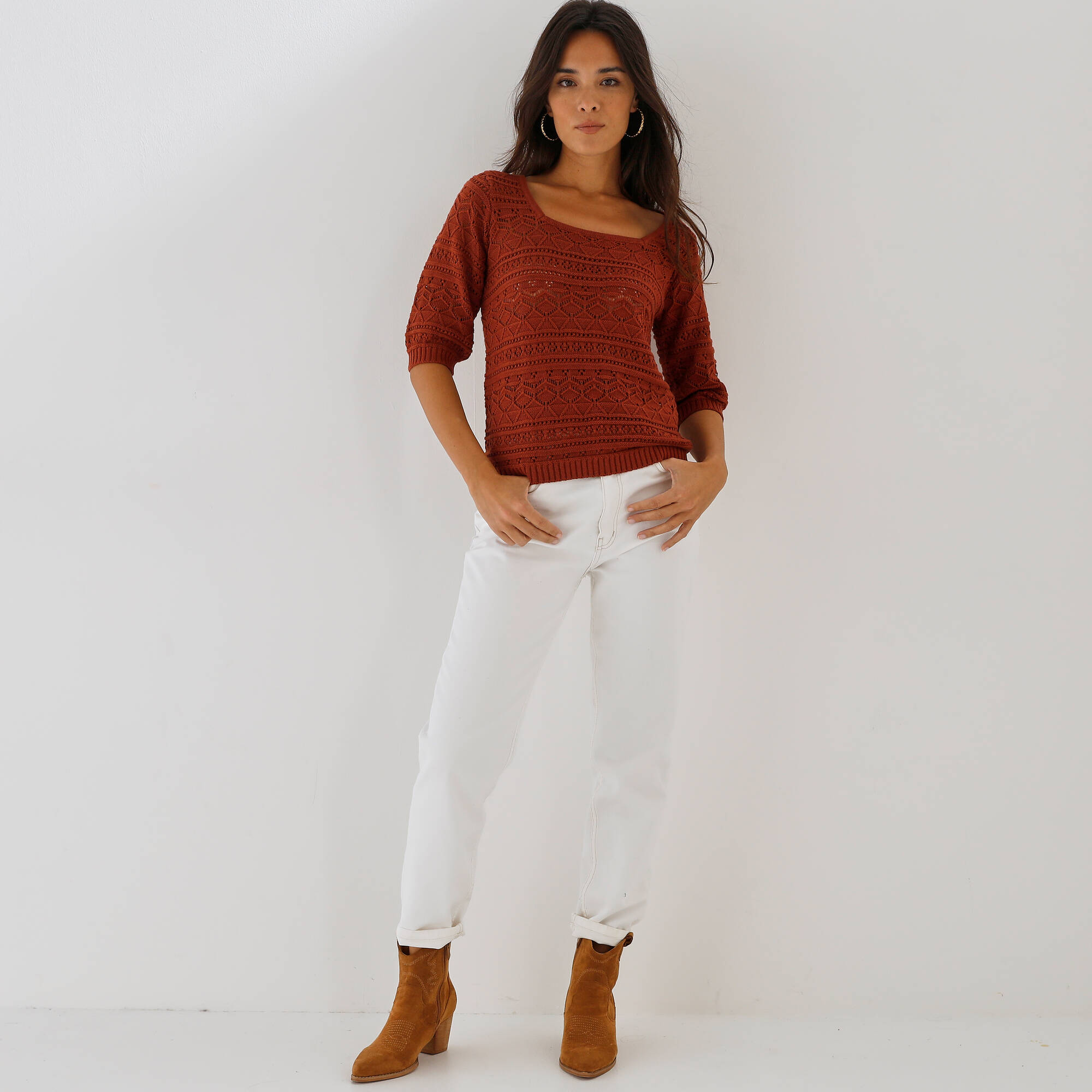 Pull col carré uni, maille ajourée