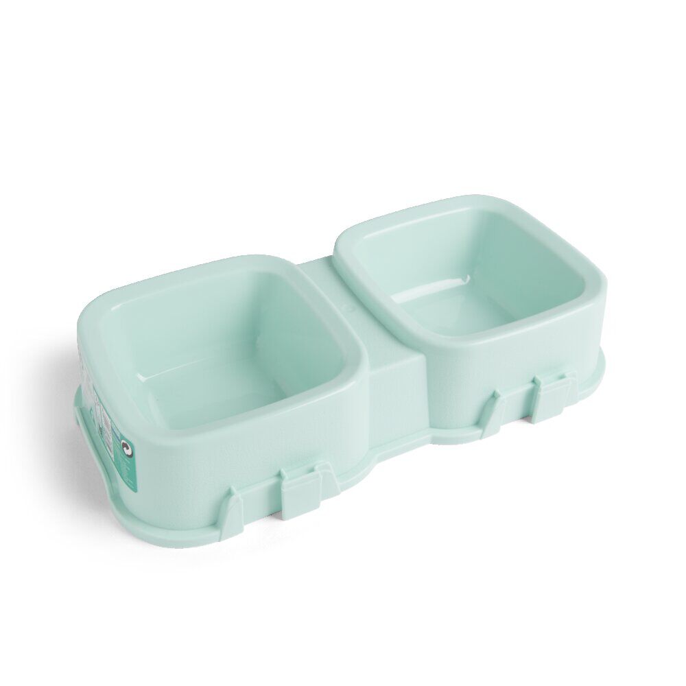 Gamelle double carrée pour chien plastique vert - 31,8x16,6xH6,5cm
