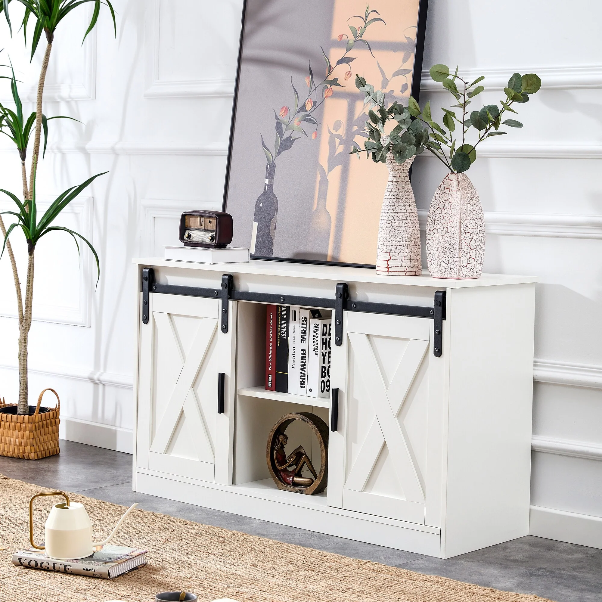 White 47 TV Stand with Barn Doors & 3-Layer Storage