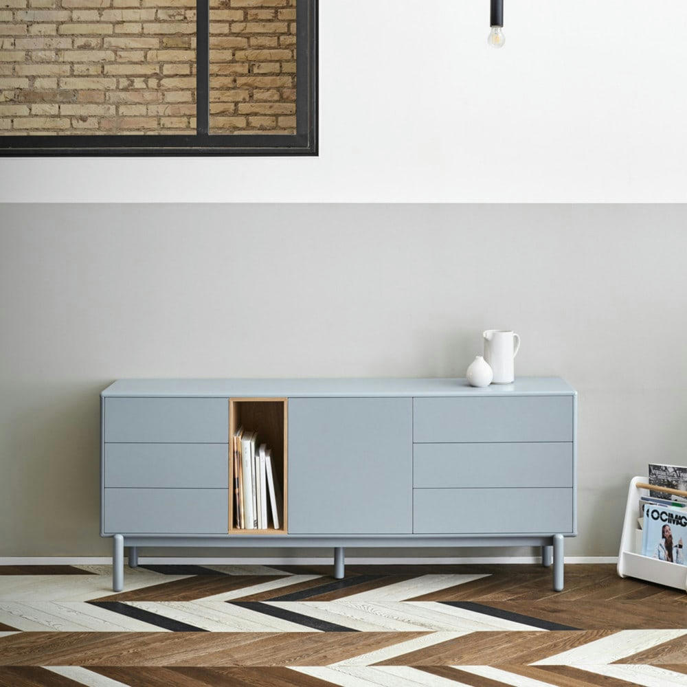 CORVO - Buffet 1 porte 6 tiroirs en bois L180cm gris clair