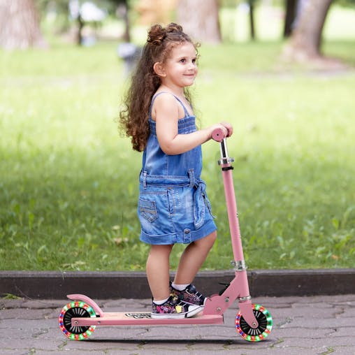 NNECW Foldable Lightweight Scooter with Adjustable Height Handlebar and LED Light for Kids-Pink
