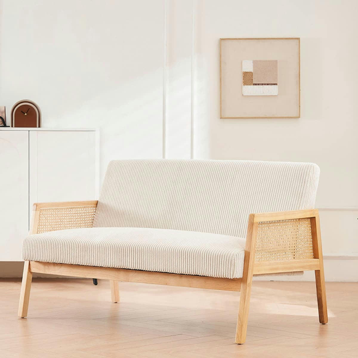 MANI - Banquette 2 places en cannage en velours côtelé beige