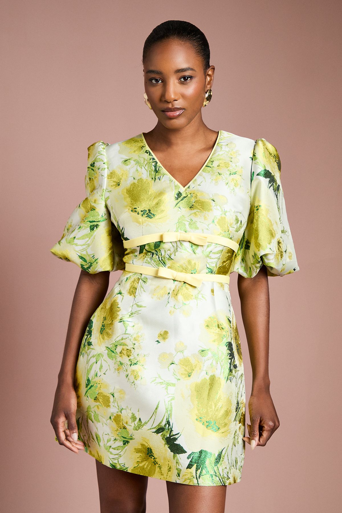 Coast Floral Jacquard Puff Sleeve Mini Dress
