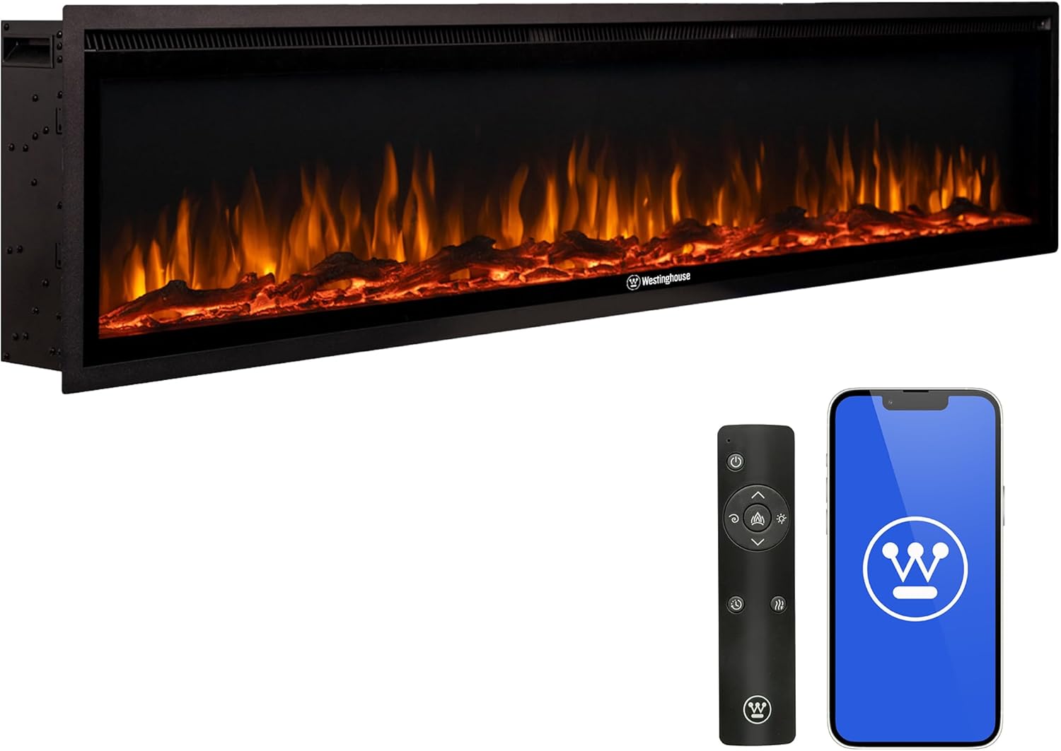 Westinghouse 74 Inch Electric Fireplace Heater, Compatible with Alexa & Google Home, Wall Mount or in-Wall Recessed Fireplace Insert, 24 Hour Timer, Color Changing Flames, 750W/1500W Indoor Heater