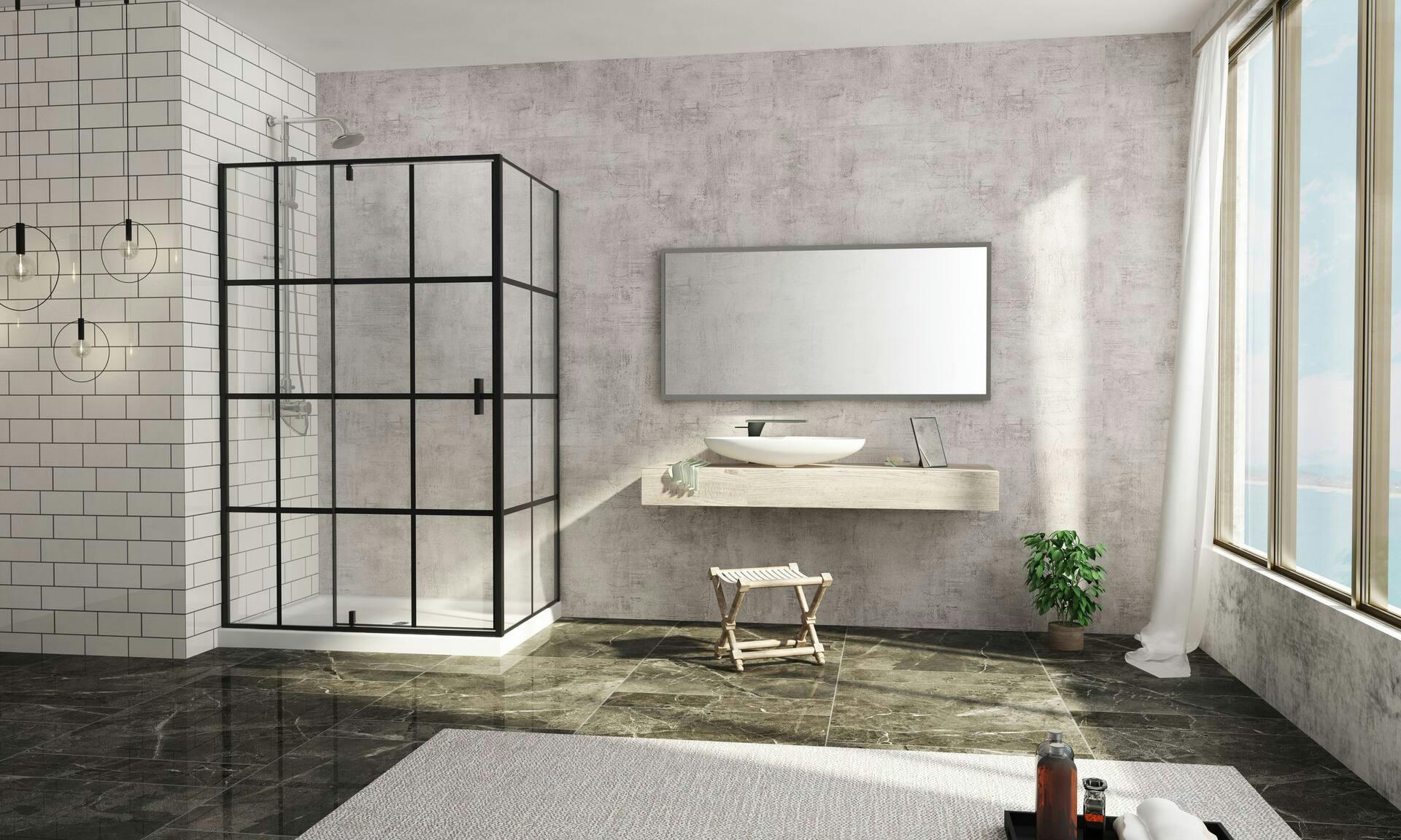 Brianna Acrylic Base Shower Enclosure Kit with Pivoting Door, Matte Black, 36x48-in