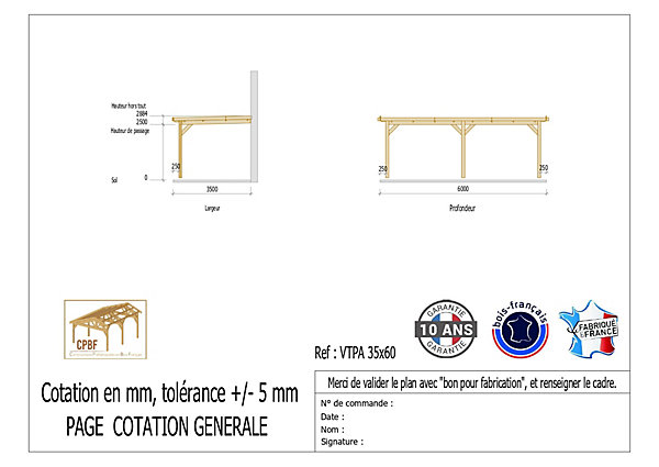 Carport adossé toit plat 350cmx600cm, bois DOUGLAS Français (Charpente en bois-auvent-abri voiture) 21 m². Garantie 10 ans