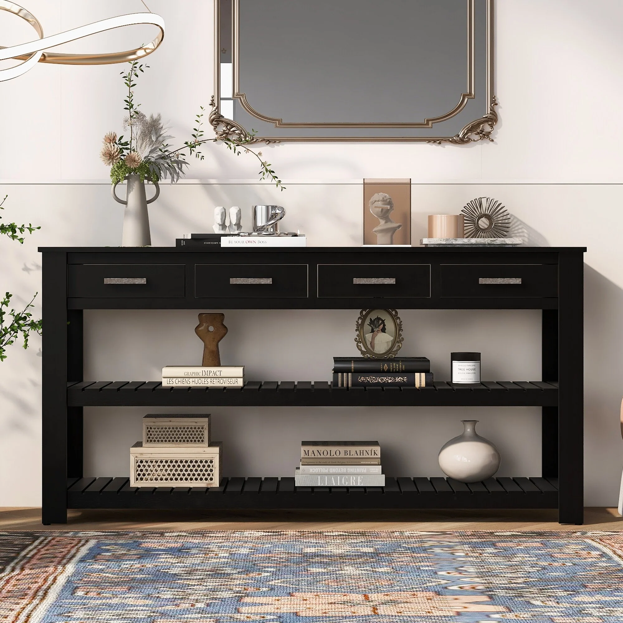 3 Tier Narrow Console Table Entryway Table with 4 Drawers and 2 Storage Shelves for Living Rooms Hallway
