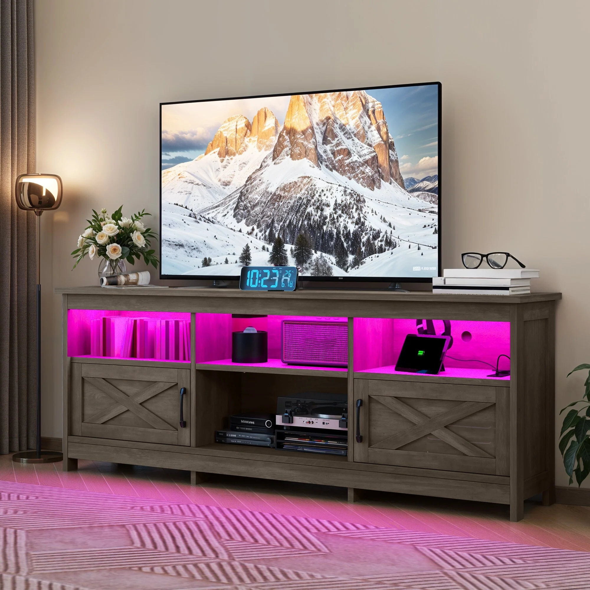 Moasis Farmhouse 70W TV Stand with LED Lights, Outlets