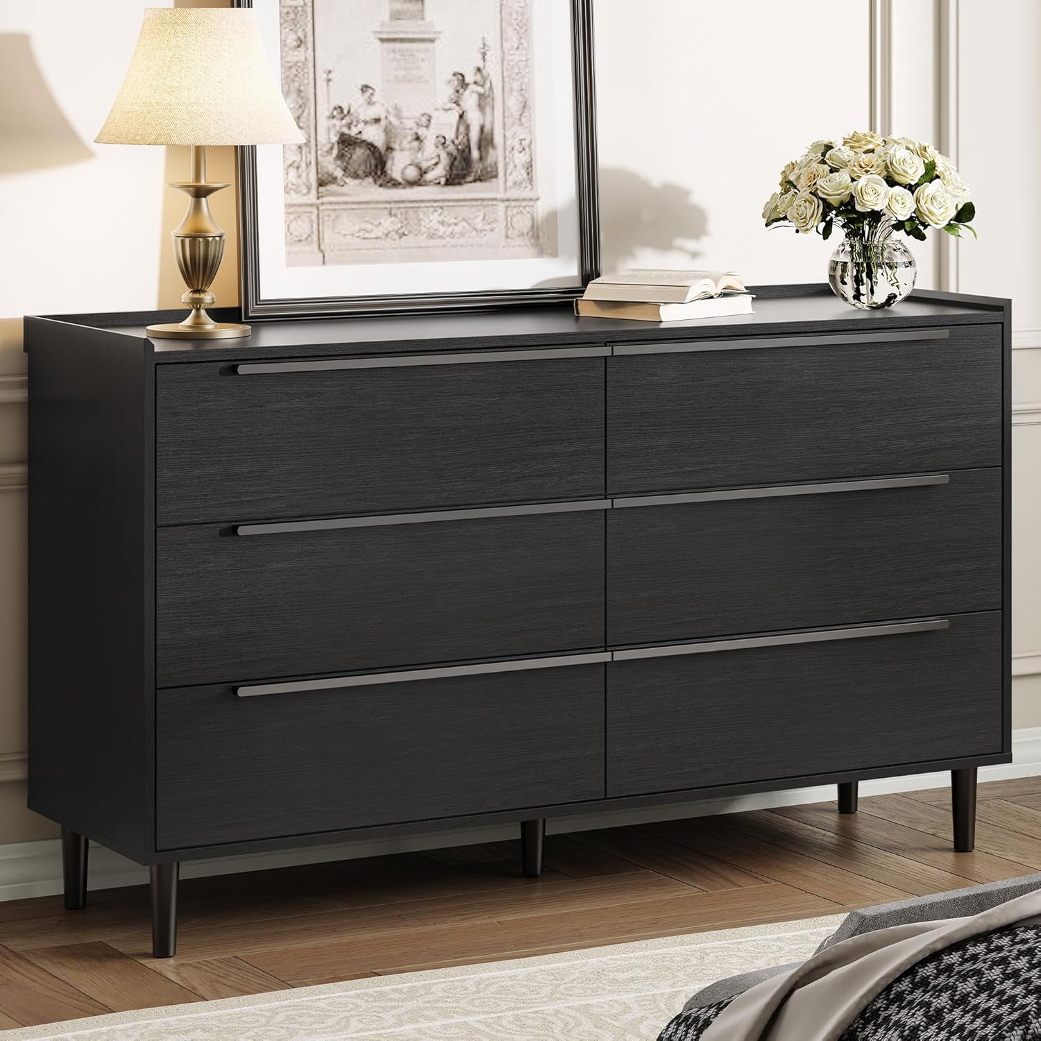 54 Wide Black Dresser for Bedroom, Modern 6 Drawer Double Dresser with Wood Grain Finish, Large Horizontal Chest of Drawers & TV Stand with Anti-Slip Raised Edge, Sleek Storage for Living Room