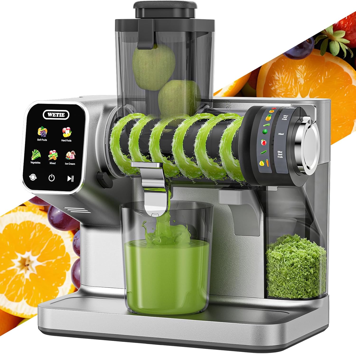 WETIE Cold Press Juicer, Powerful Juicer Machines with Adjustable Juicing Pressure, 99% High Juice Yield, Quiet Slow Masticating Juicer with Touch Screen, 3.54'' Feed Chute, Easy to Clean with Brush