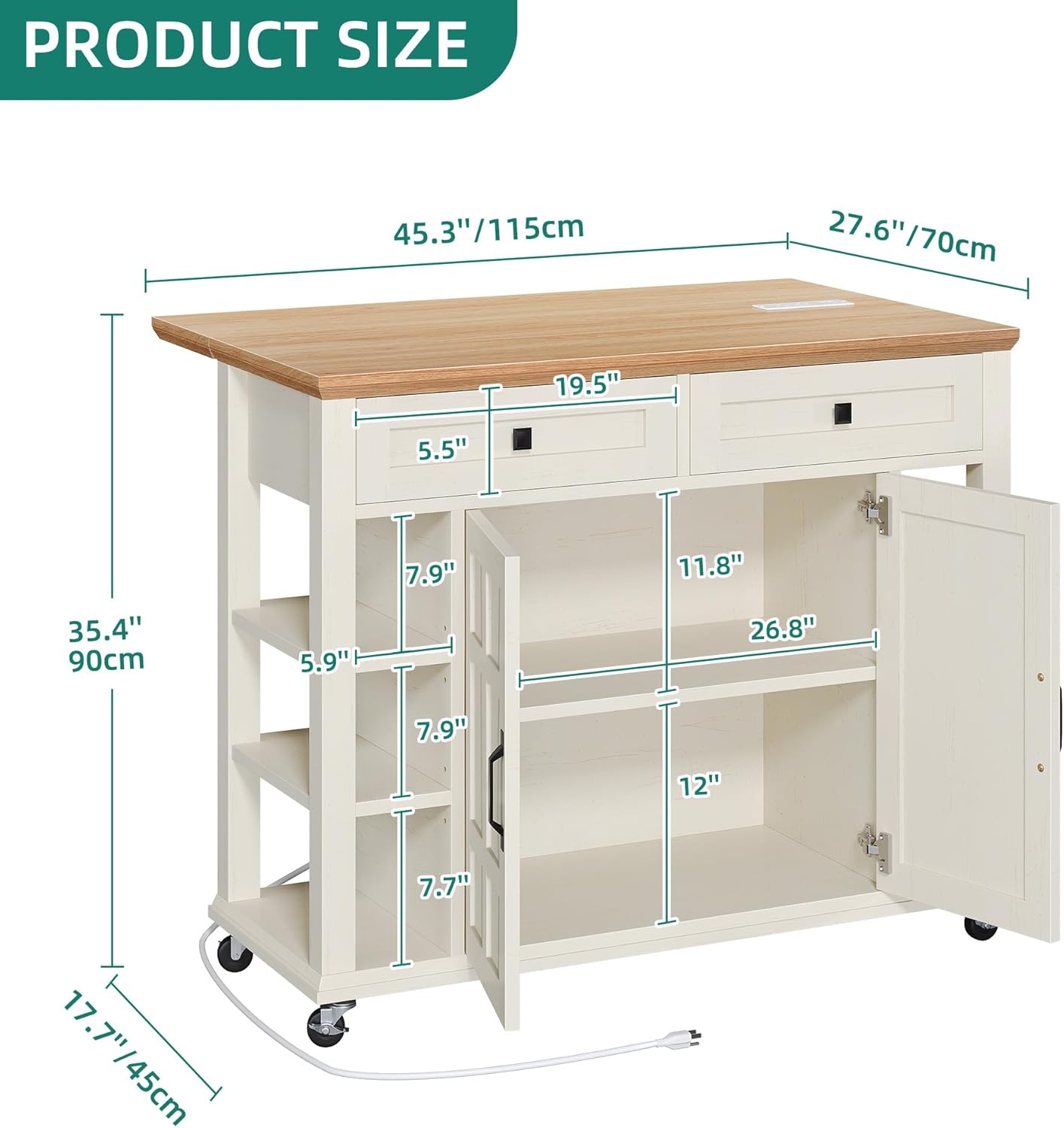 YITAHOME Kitchen Island with Drop Leaf, Mobile Storage Island with Power Outlet, Americana Rolling Kitchen Carts with Storage Shelves and Drawers, Island Table on Wheels for Dining Room, Beige