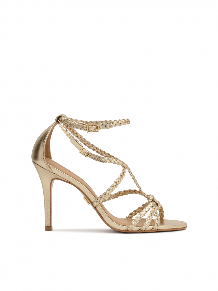 Gold heeled sandals with braided straps