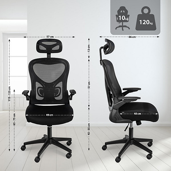 Chaise de bureau Roseburg, ajustable hauteur, pivotante, soutien lombaire, revêtement mesh respirant. Noir