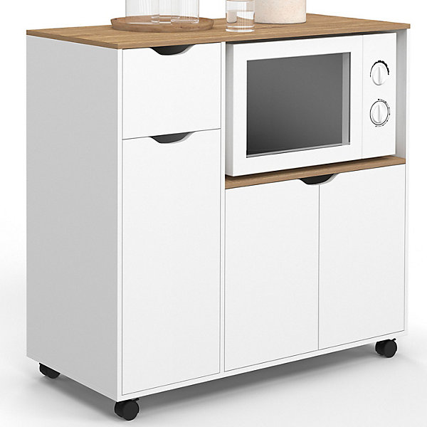 Desserte micro-onde de cuisine COSI XXL placards avec tiroir bois blanc et plateaux façon hêtre L.90 CM