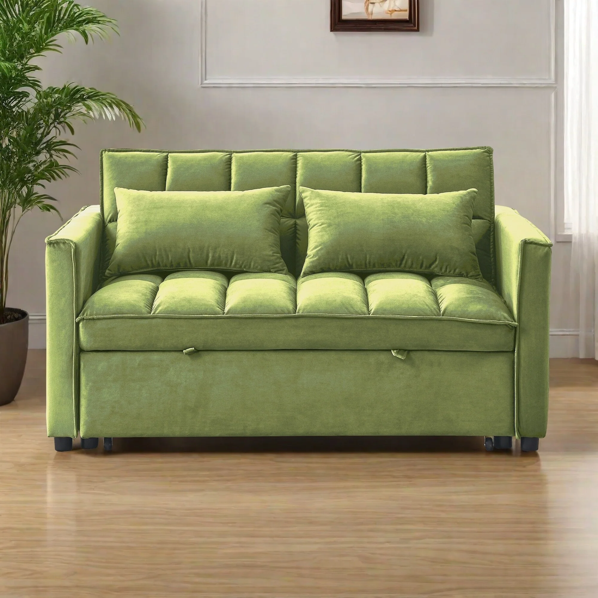 53.94 Velvet 2-Seater Sleeper Sofa with 3-Position Adjustable Backrest and Two Side Pockets