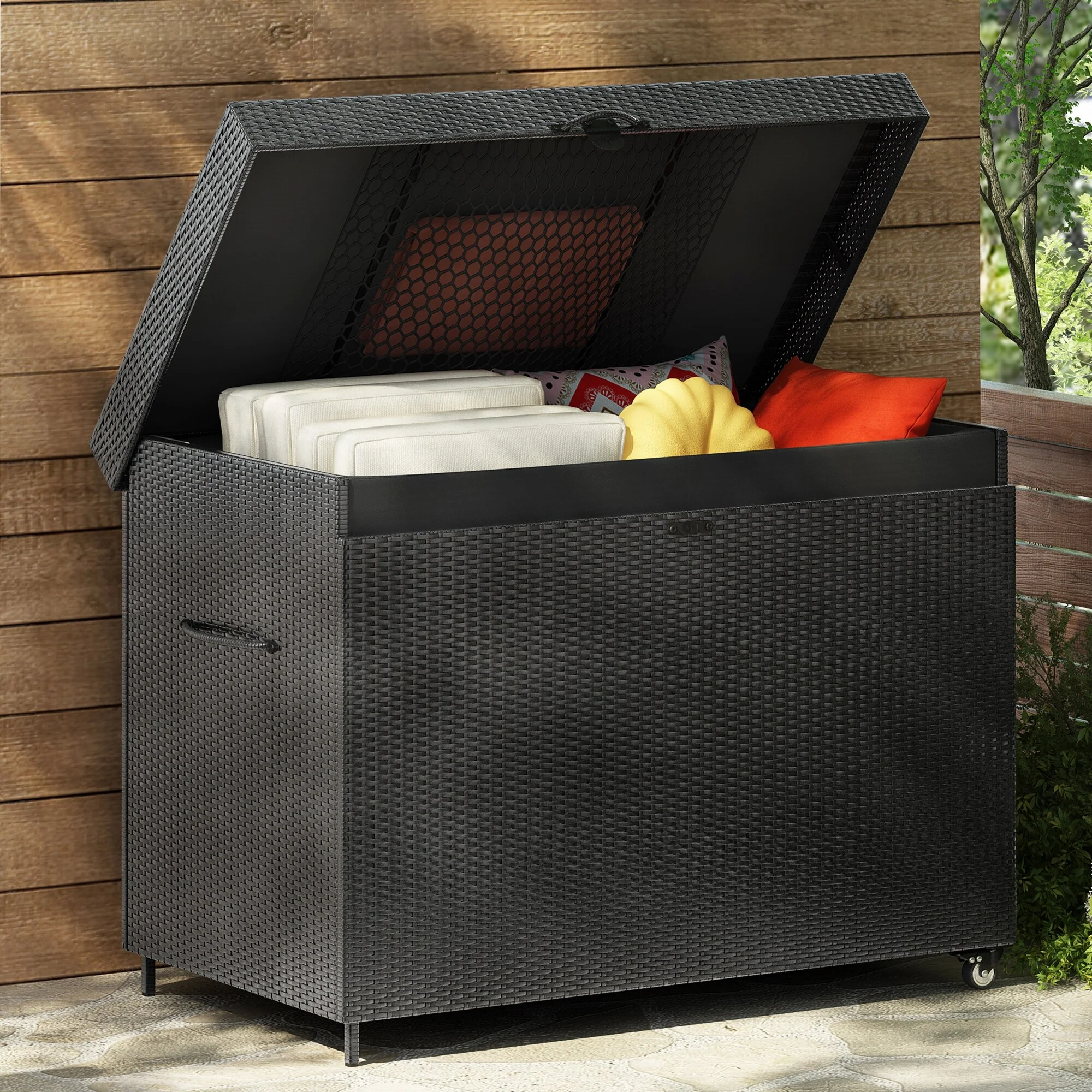 Grey Heavy Duty Wicker Storage Deck Box with 4 Wheels, Lockable Lid and Bench for Patio Poolside and Garage