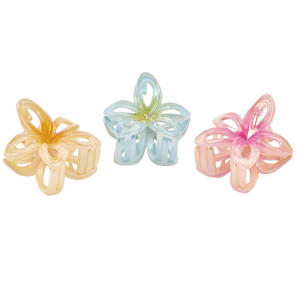 Pince cheveux x3 mini fleur de tiaré plastique bleu orange rose L5cm