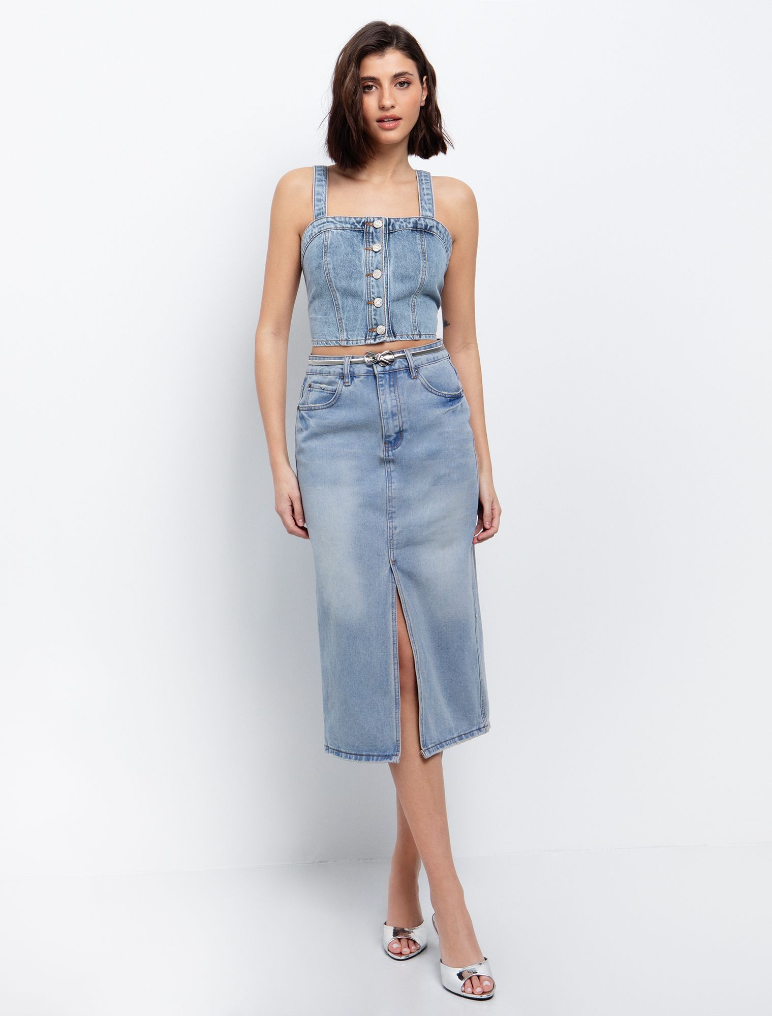 Denim crop τοπ με κουμπιά