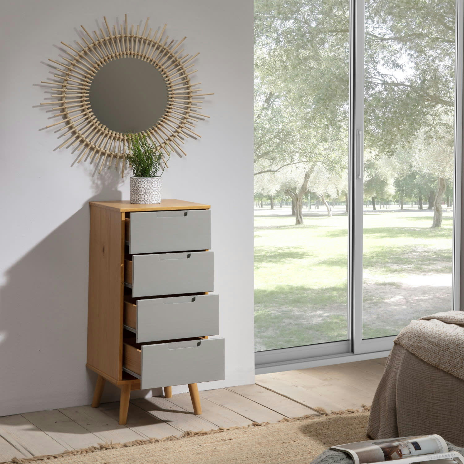 BRUCE - Chiffonnier de nuit 4 tiroirs, bois massif, 40 cm longueur