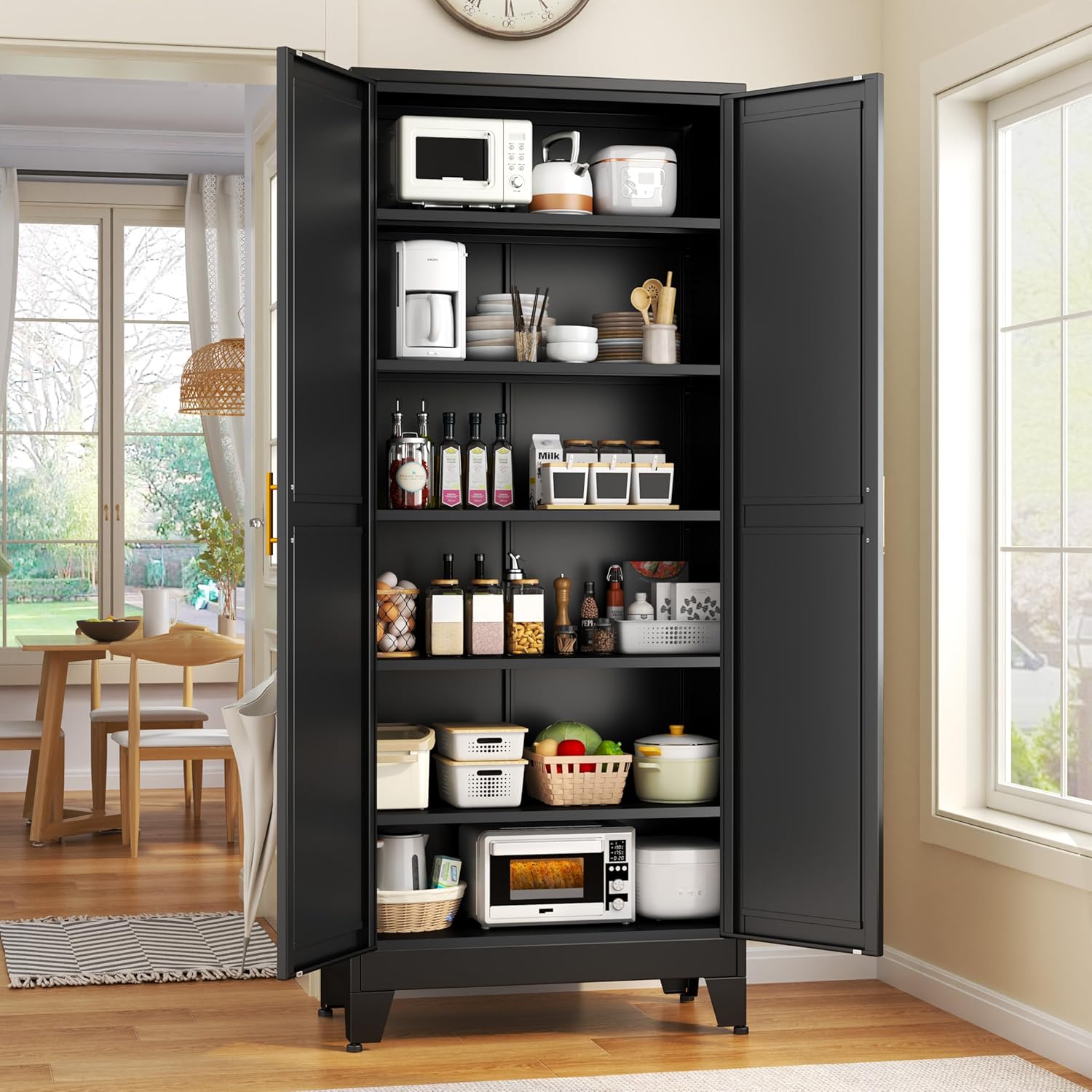 GAIOUS 75.2 Tall Storage Cabinet, Pantry Storage Cabinets with 2 Door and 5 Adjustable Shelves, Black Kitchen Food Cabinet, Metal Utility Cabinets for Kitchen, Dinning Room, Laundry Room