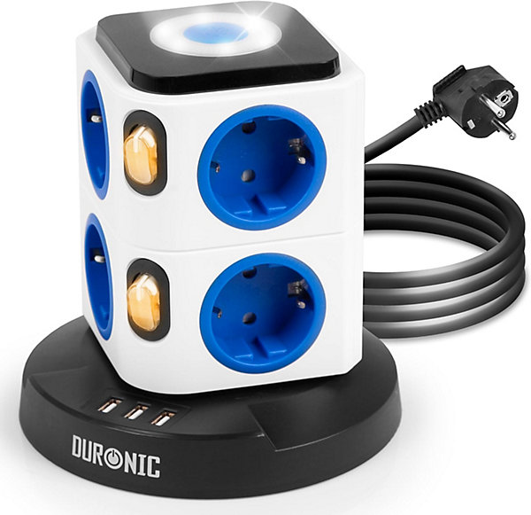 ET8L Tour multiprise 8 prises 3680W 13A 3x USB-A Veilleuse tactile Câble 1,8m Parasurtenseur protection surtension Duronic