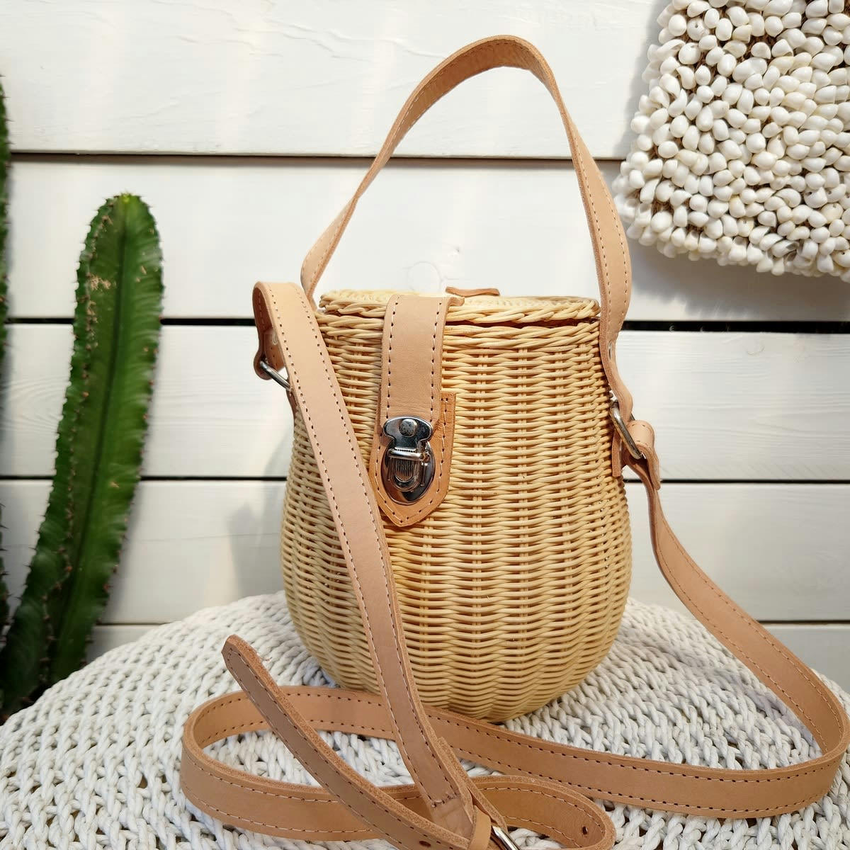 HONEY - Sac en osier avec bandoulière en cuir