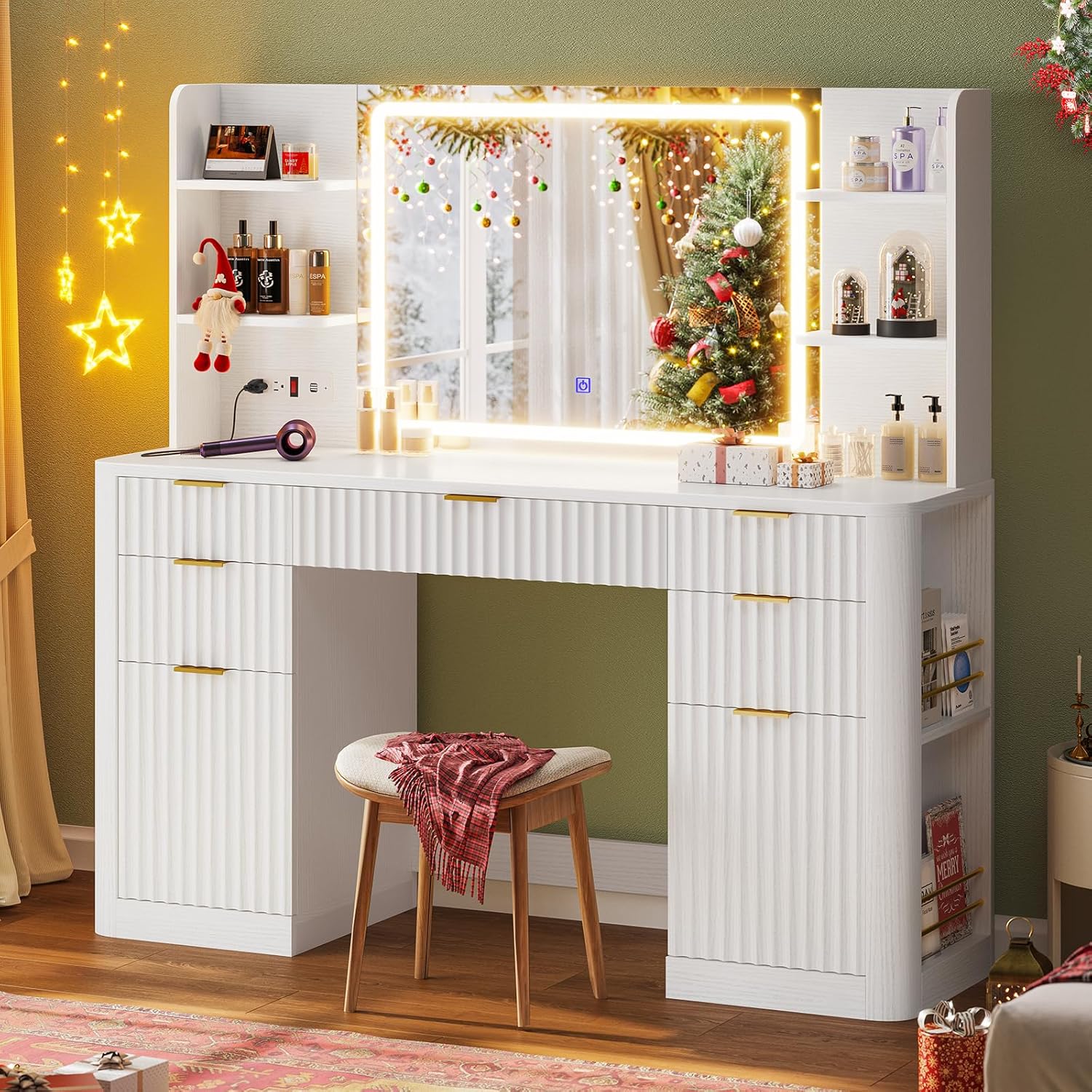 51.2 Fluted Makeup Vanity Desk with Large 30.3 Mirror and Lights, 5 Drawer Vanity with Power Strip, 6 Open Shelves, 2 Cabinet，Modern Dressing Table with Solid Wood Legs for Bedroom, White
