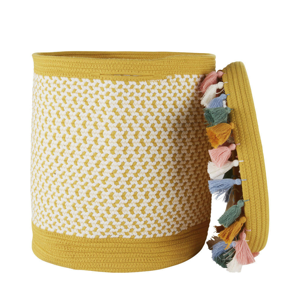 MADRID - Corbeille en coton beige et jaune avec pompons multicolores
