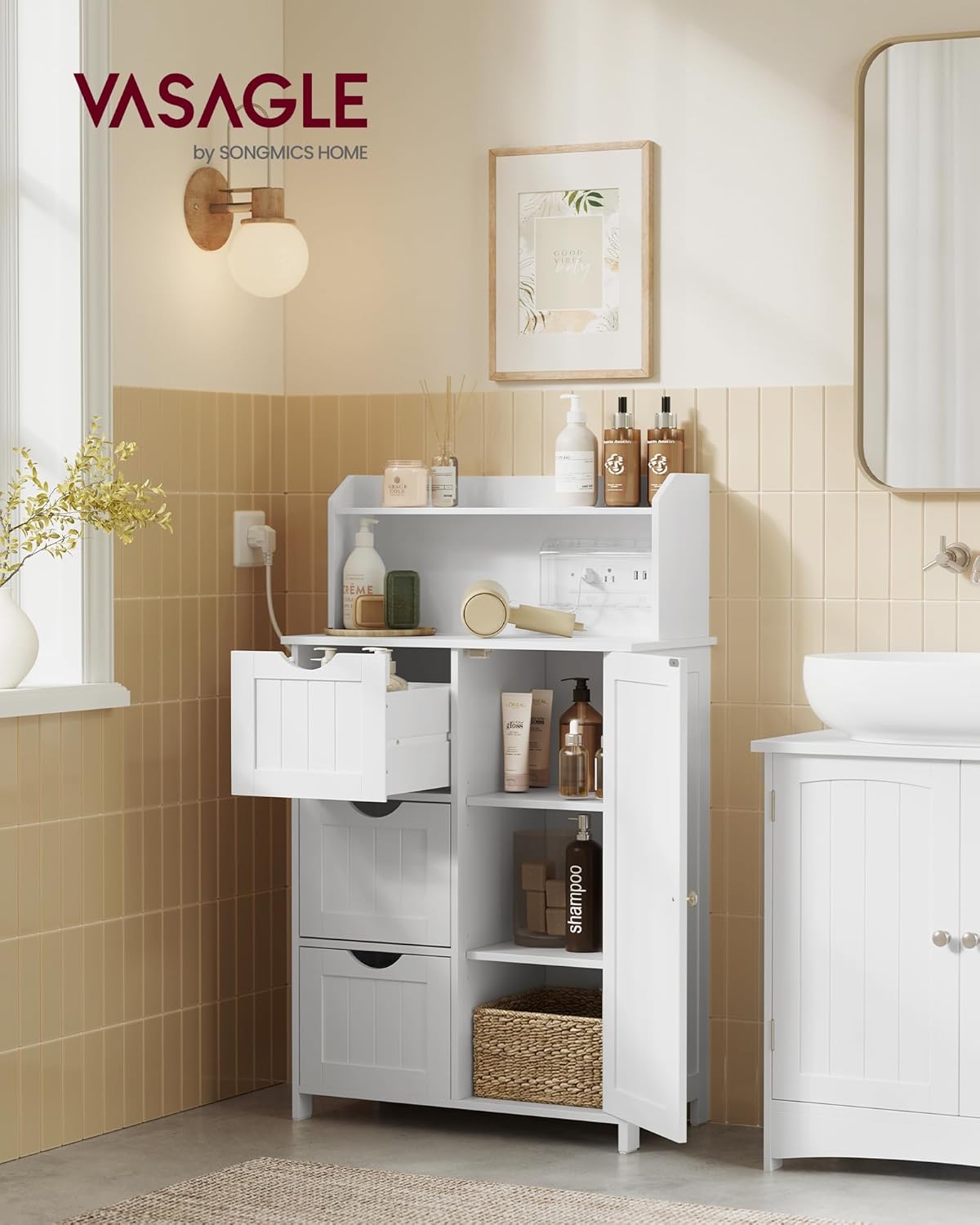 VASAGLE 39.4-Inch Tall Storage Cabinet with Power Strip, Floor Cabinet with Drawers and Door, 2 Adjustable Shelves, Freestanding, for Bathroom, Kitchen, Living Room, Cloud White UBBC775WH01S